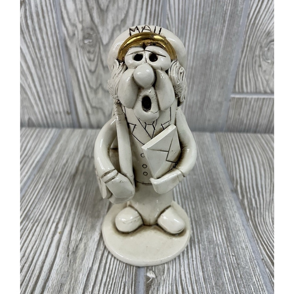 Tweeples Mailman Postman Figurine Ceramic White Signed 5in Whistle Vintage
